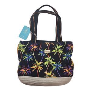Caribbean Joe Large Tropical Palm Beach Print Canvas Wicker Style Tote Bag